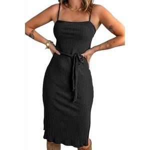 NEW SHIYING ribbed lace-up spaghetti strap mini dress in black